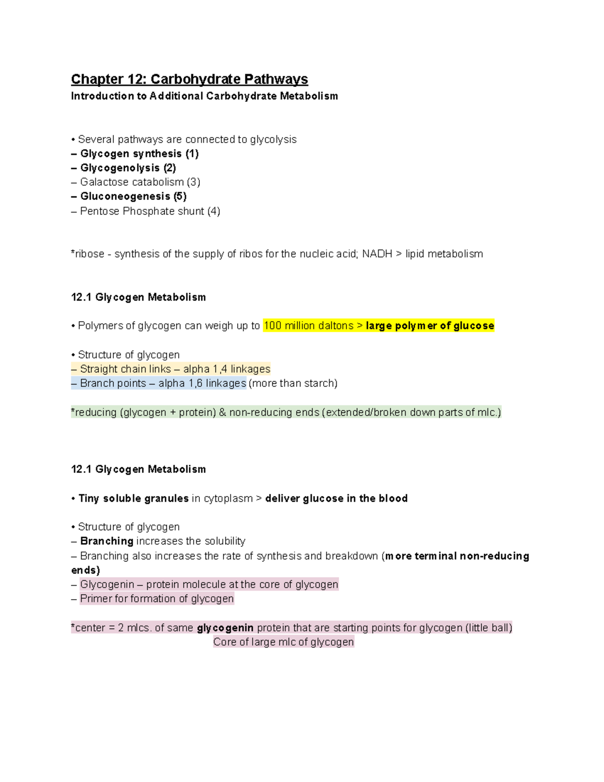 Che 420 - Ch. 12: Carbohydrate Pathways notes - Chapter 12 ...
