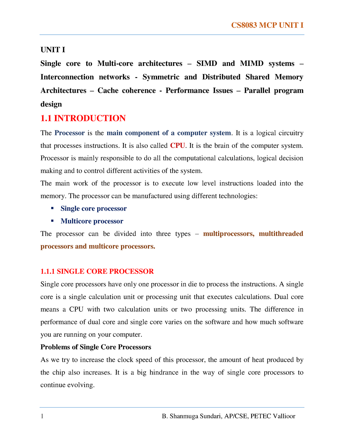 CS8083 MCP UNIT I Notes - UNIT I Single Core To Multi-core ...