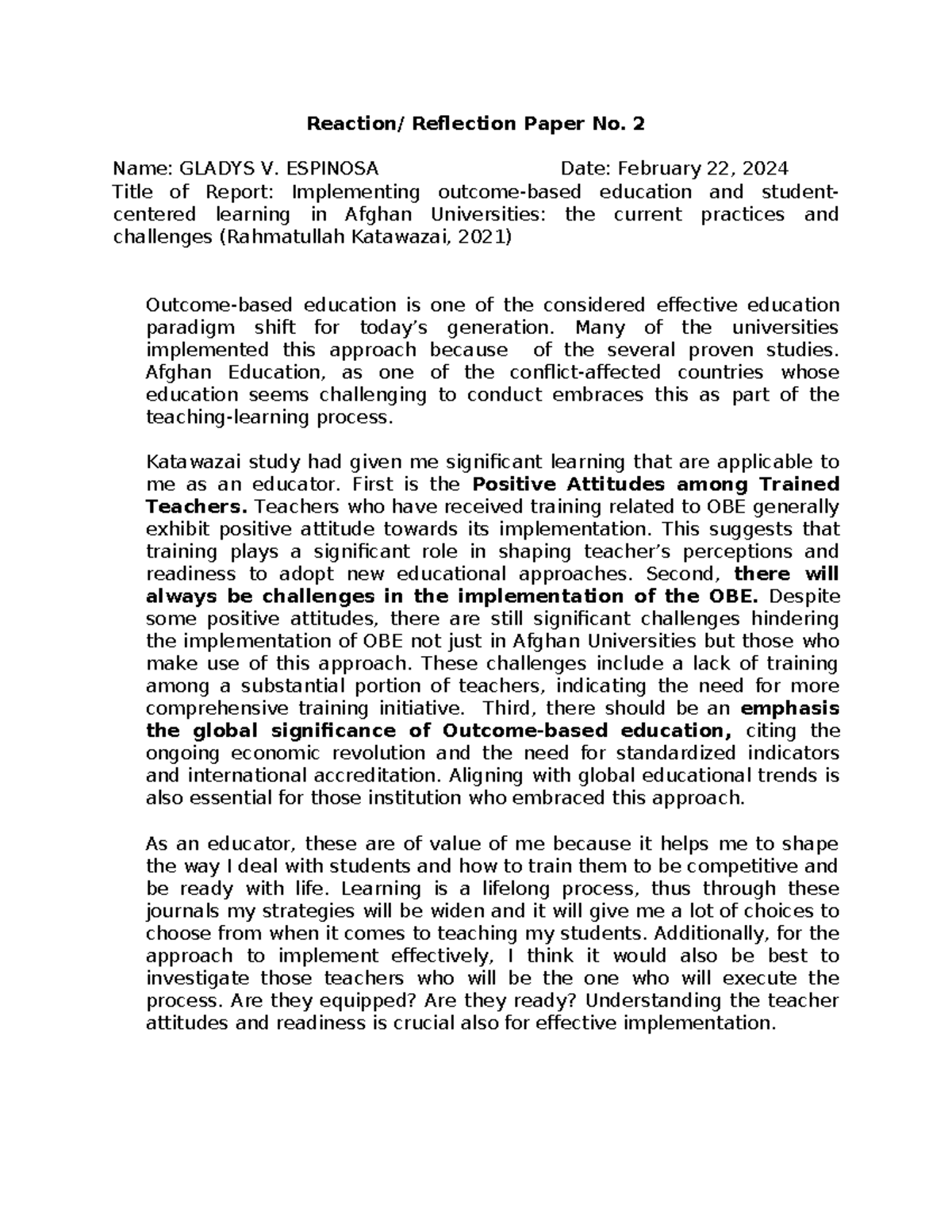Espinosa Reaction Reflection Paper 2 - Reaction/ Reflection Paper No. 2 ...