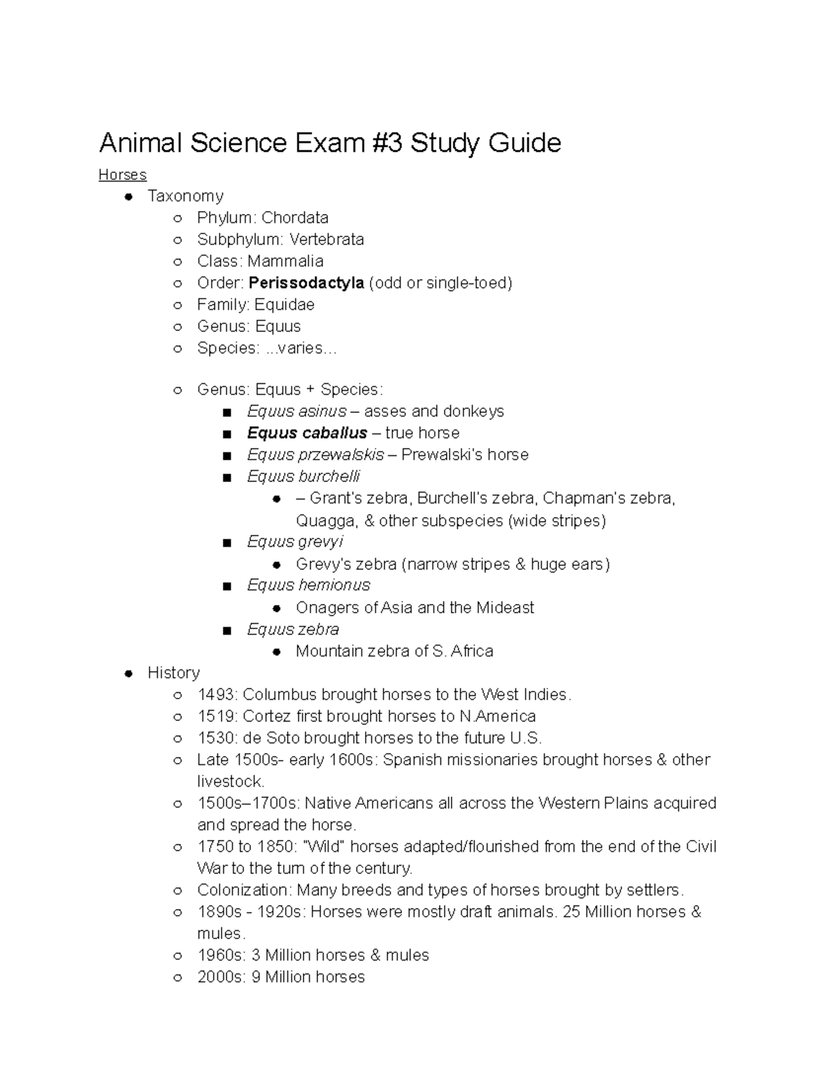 Exam 3 Study Guide - Animal Science Exam #3 Study Guide Horses Taxonomy ...