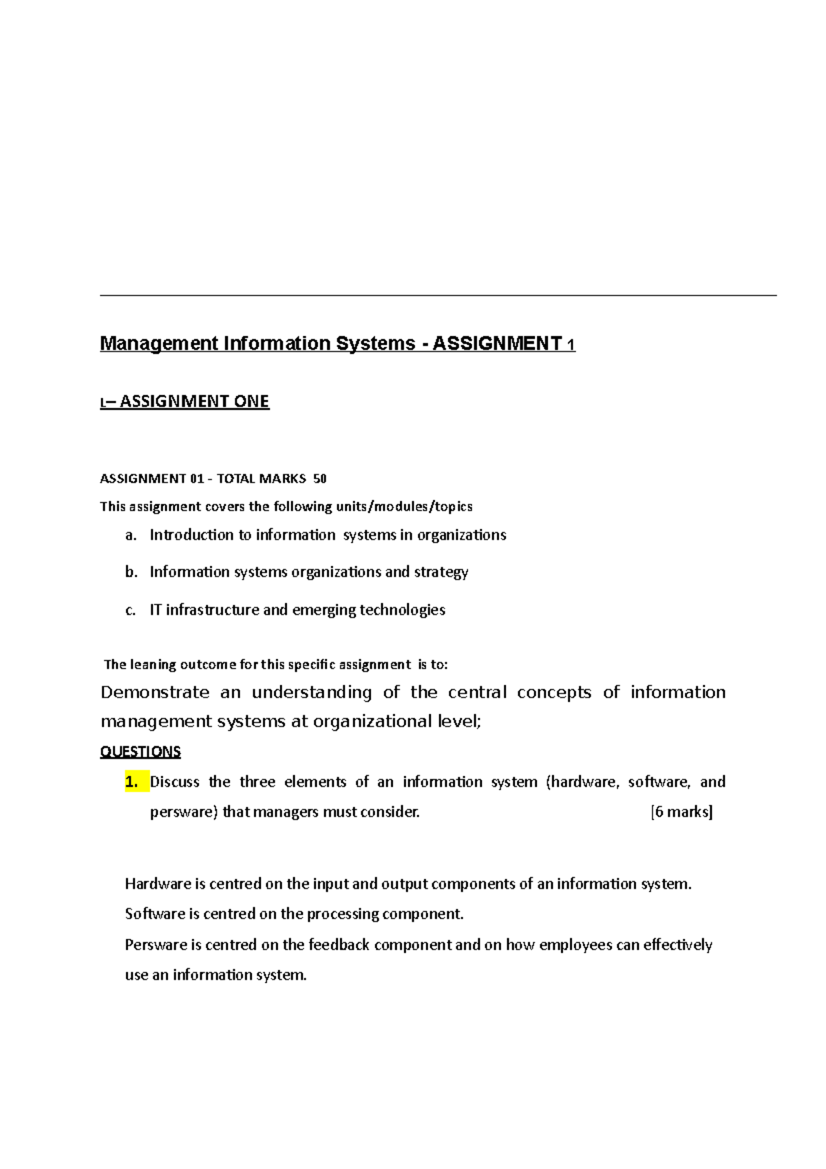 Management Information Systems distance Feedback letter Assignment 1 ...