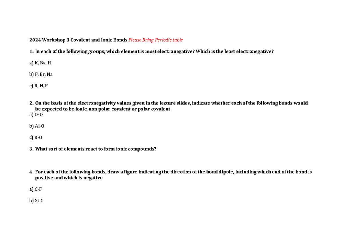Week 3 Workshop Qs - 2024 Workshop 3 Covalent and Ionic Bonds Please ...