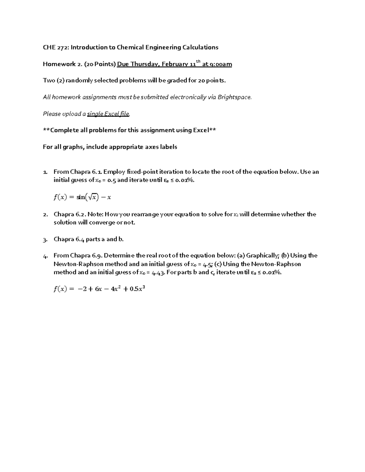 Homework 2 - CHE 272: Introduction to Chemical Engineering Calculations ...