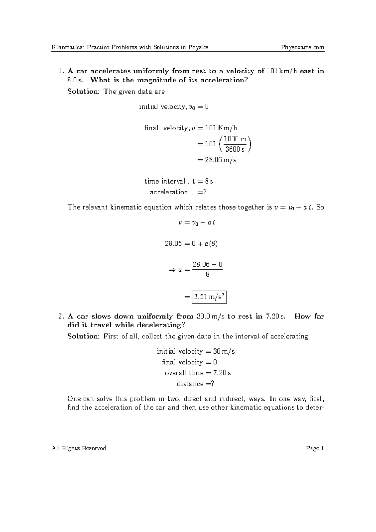 Kinematics Practice Problems in Physics - A car accelerates uniformly ...