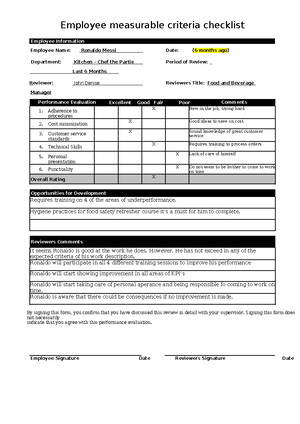 Employee measurable criteria checklist Restaurant Manager - Employee ...