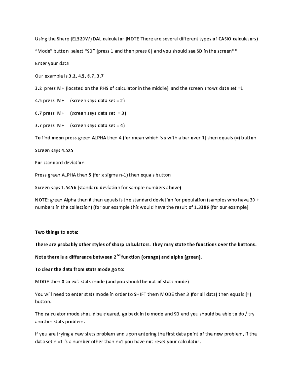 Using the sharp calculator Using the Sharp (EL520W) DAL calculator