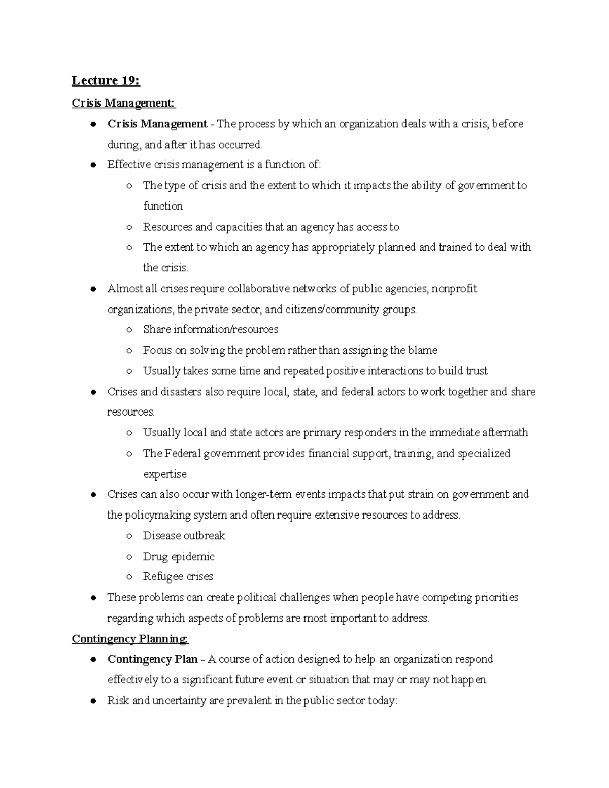 SPEA-V 185 Lecture 19 - Lecture 19: Crisis Management: Crisis ...