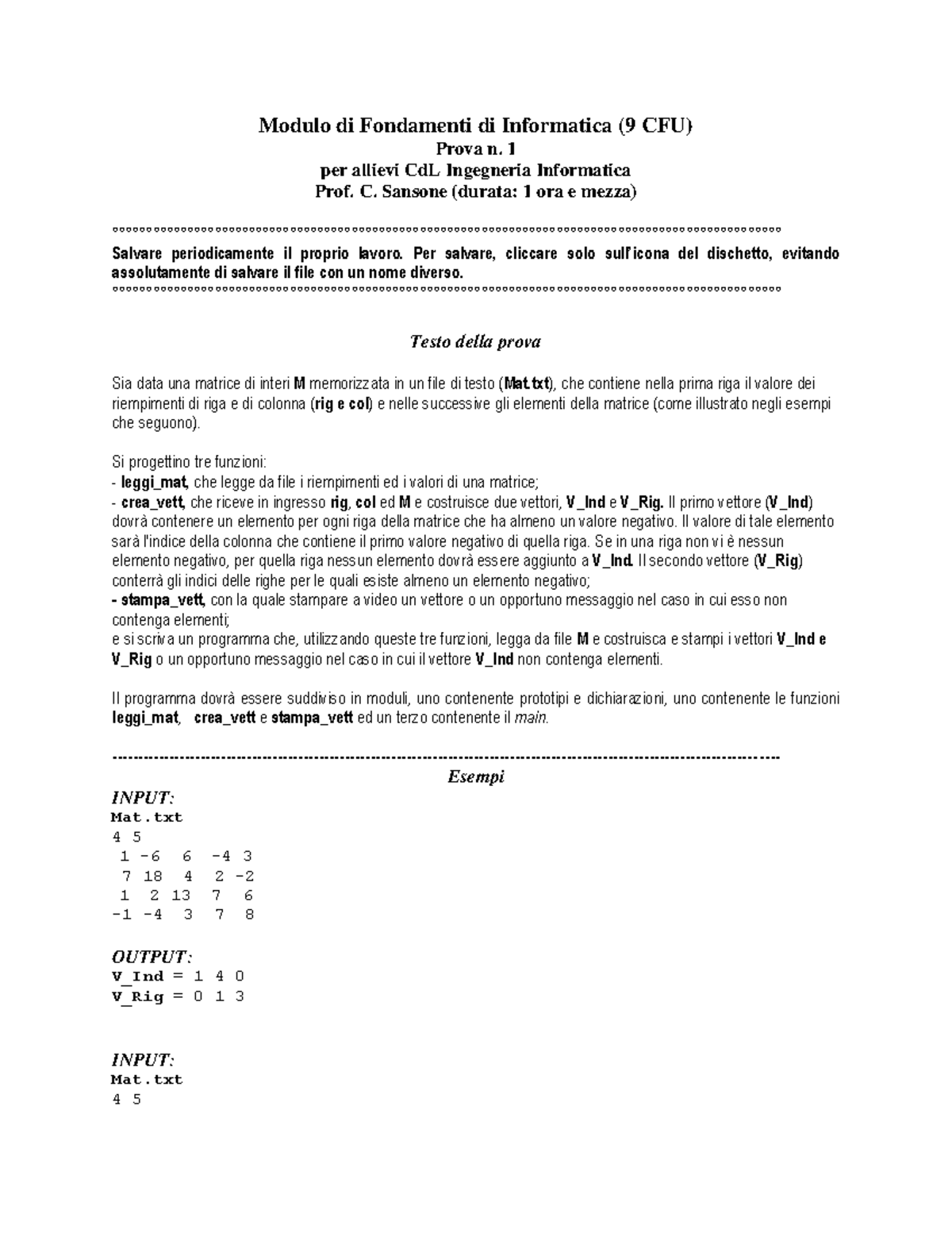 Prova Esame Fondamenti Di Informatica Modulo Di Fondamenti Di Informatica Cfu Prova N