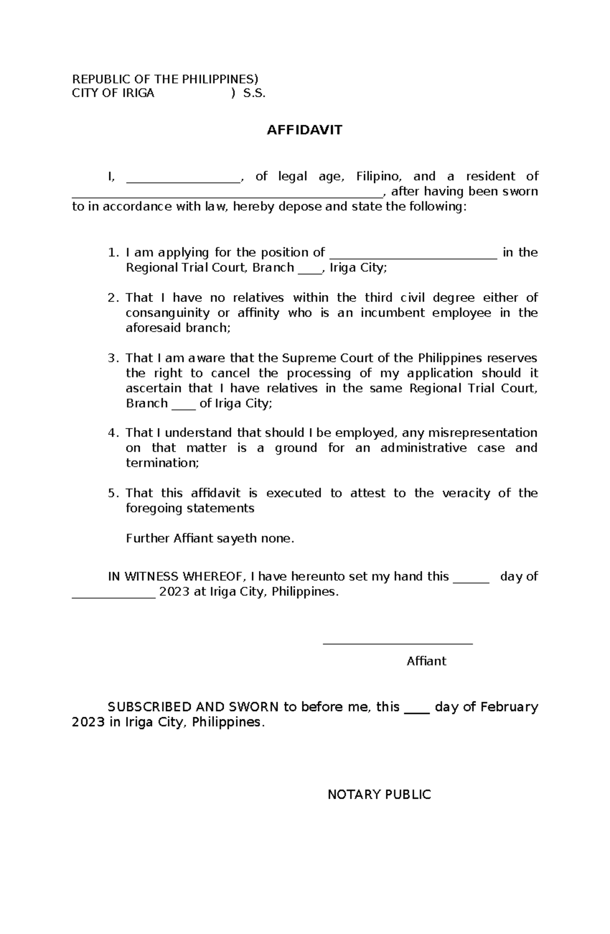 Affidavit no relative - REPUBLIC OF THE PHILIPPINES) CITY OF IRIGA ) S ...