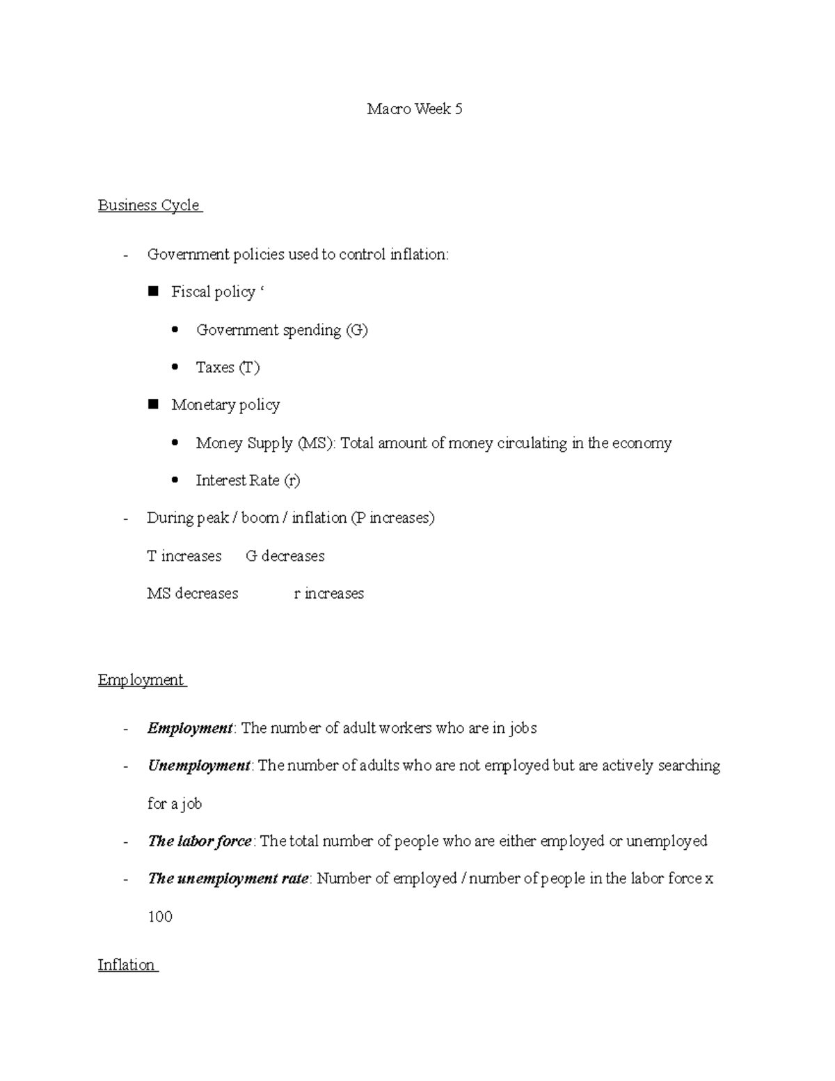 5 - lecture 5 notes - Macro Week 5 Business Cycle - Government policies ...