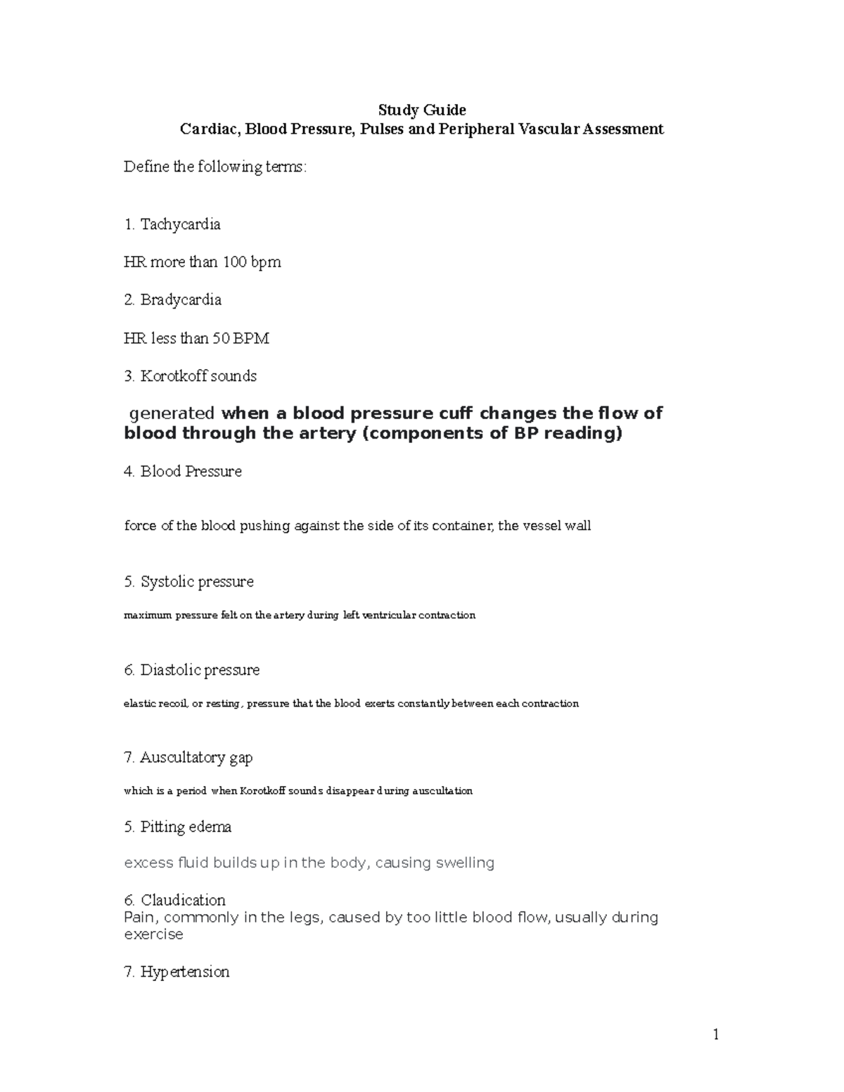 Assessment: BP, Pulse, Cardio Guide - Study Guide Cardiac, Blood ...