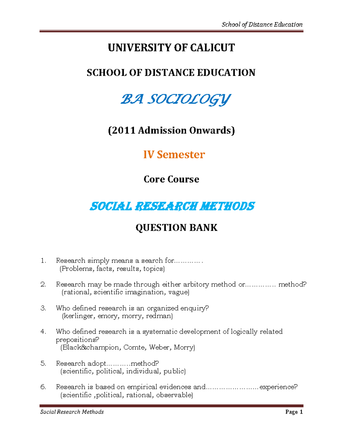 Social Research Methods Question BANK - UNIVERSITY OF CALICUT SCHOOL OF ...