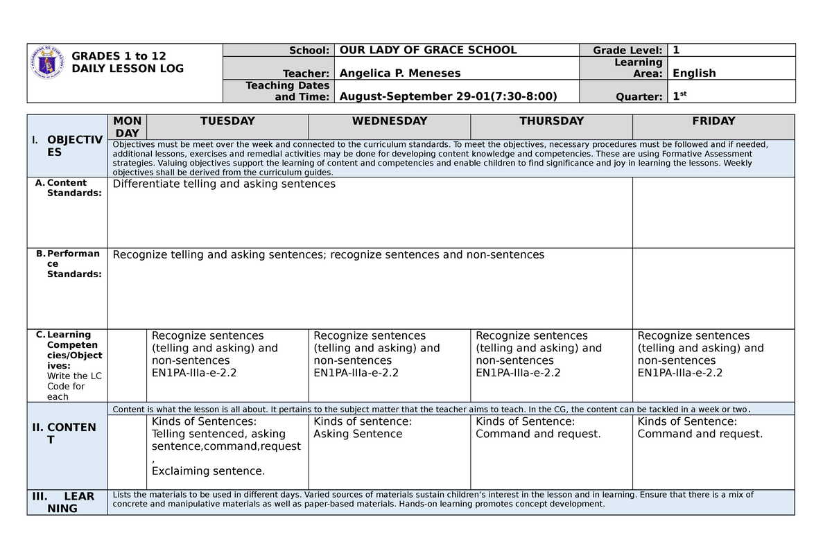 DLL English 2nd week - dll - GRADES 1 to 12 DAILY LESSON LOG School ...