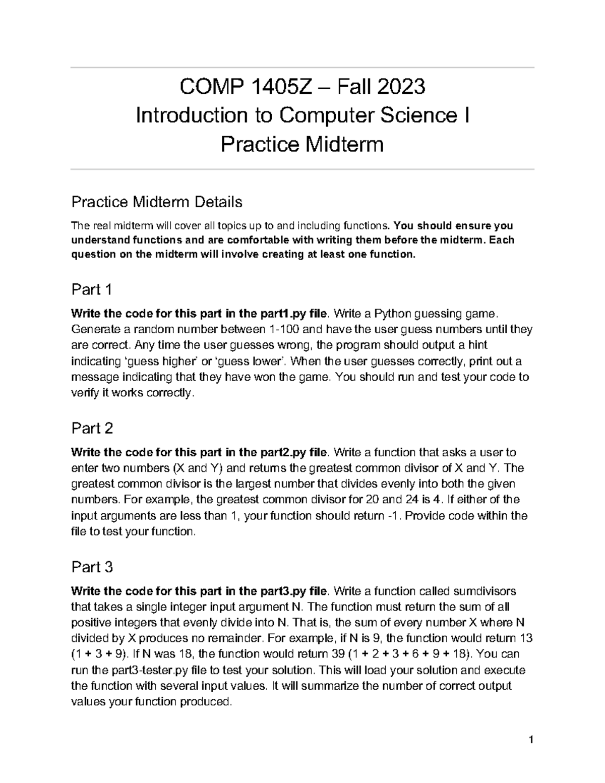 COMP1405Z F23 Practice Midterm - COMP 1405Z – Fall 202 3 Introduction ...