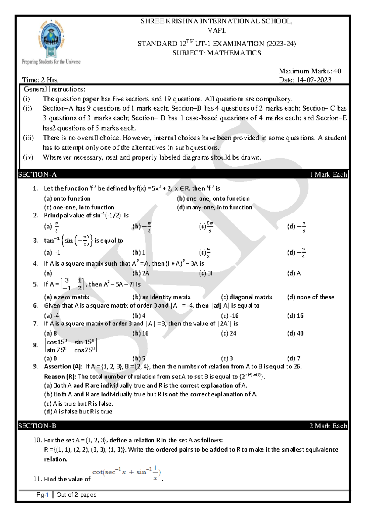 12th Mathematics UT-1 2023-24 - Pg- 1 Out of 2 pages SHREE KRISHNA ...