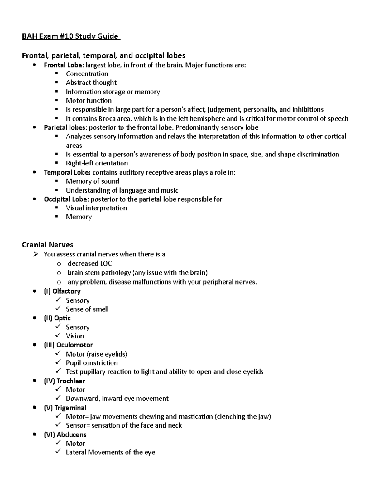 BAH Exam 10 study Guide - BAH Exam #10 Study Guide Frontal, parietal ...