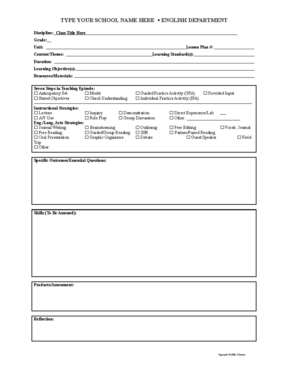 Free English ELALesson Plan Template-1 - TYPE YOUR SCHOOL NAME HERE ...