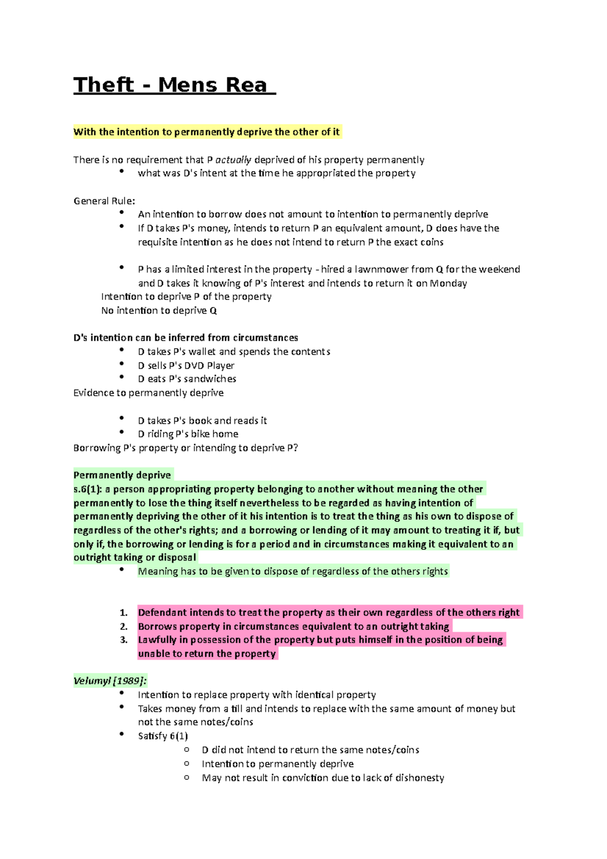 Lecture 6.2 Theft Mens Rea - Theft - Mens Rea With the intention to ...