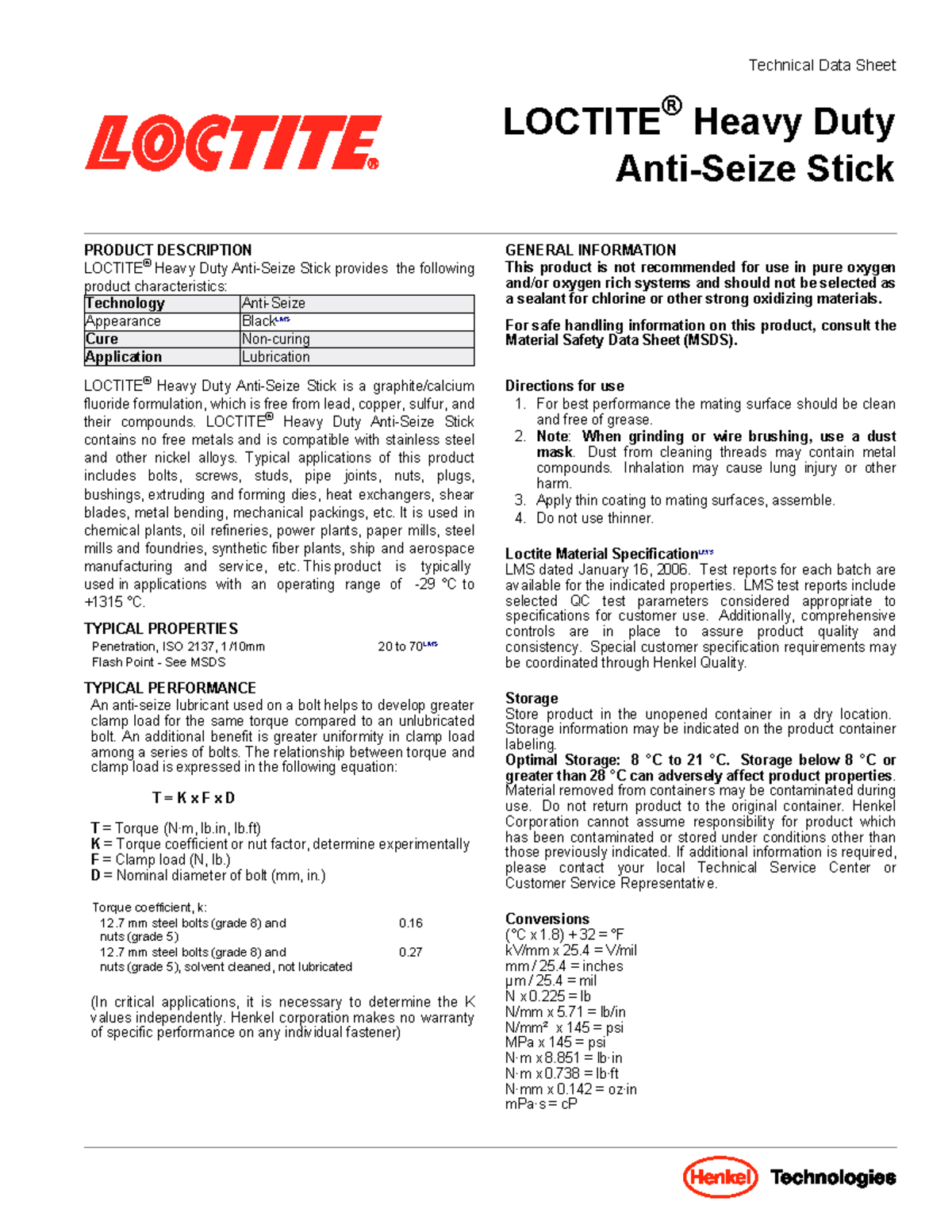Loctite41205datasheet Technical Data Sheet LOCTITE ® Heavy Duty