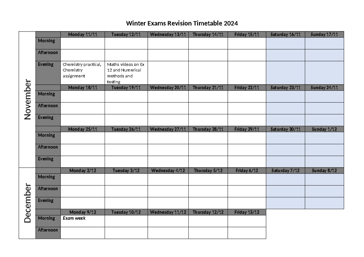Revision timetable years 10 and 12 winter 2024 - Winter Exams Revision ...