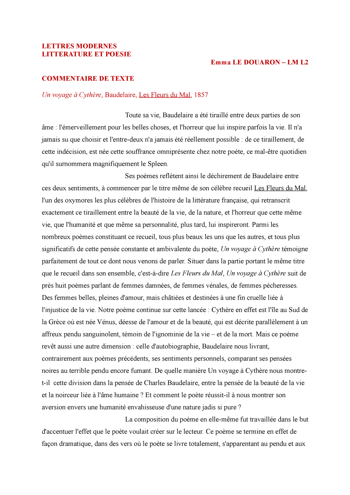 Baudelaire Un Voyage A Cythere Commentaire Lettres Modernes Litterature Et Poesie Emma Le Douaron Studocu