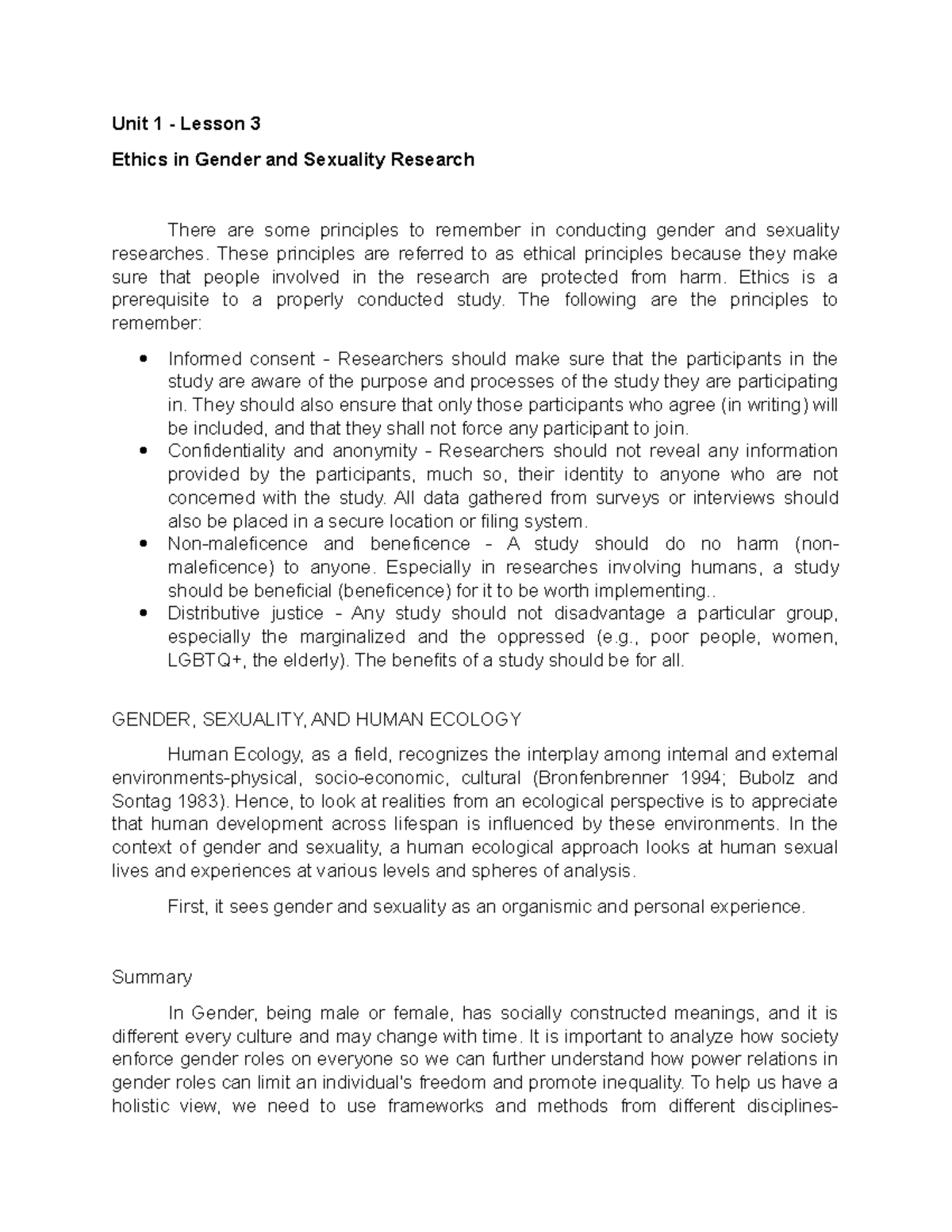 Ethics In Gender And Sexuality Research And Gender And Sexuality As A Subject Of Inquiry Unit