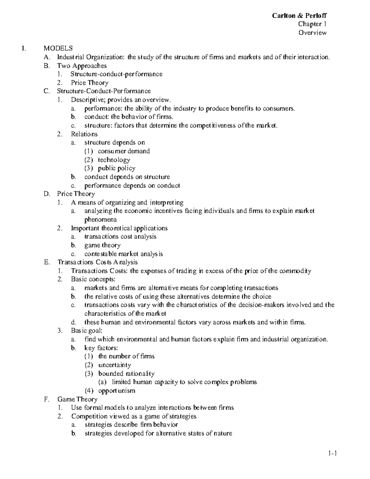 Chapter 01 - Summary Modern Industrial Organization - Carlton Perloff Chapter 1 Overview I ...