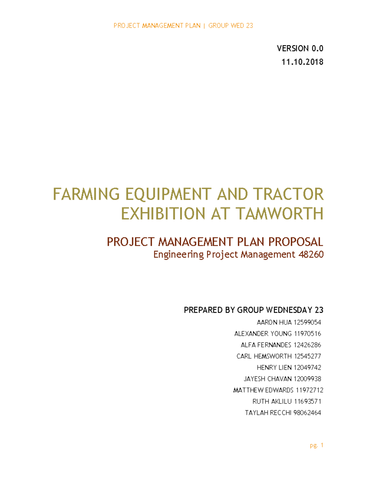 Project Management Plan VERSION 0. FARMING EQUIPMENT AND TRACTOR EXHIBITION AT