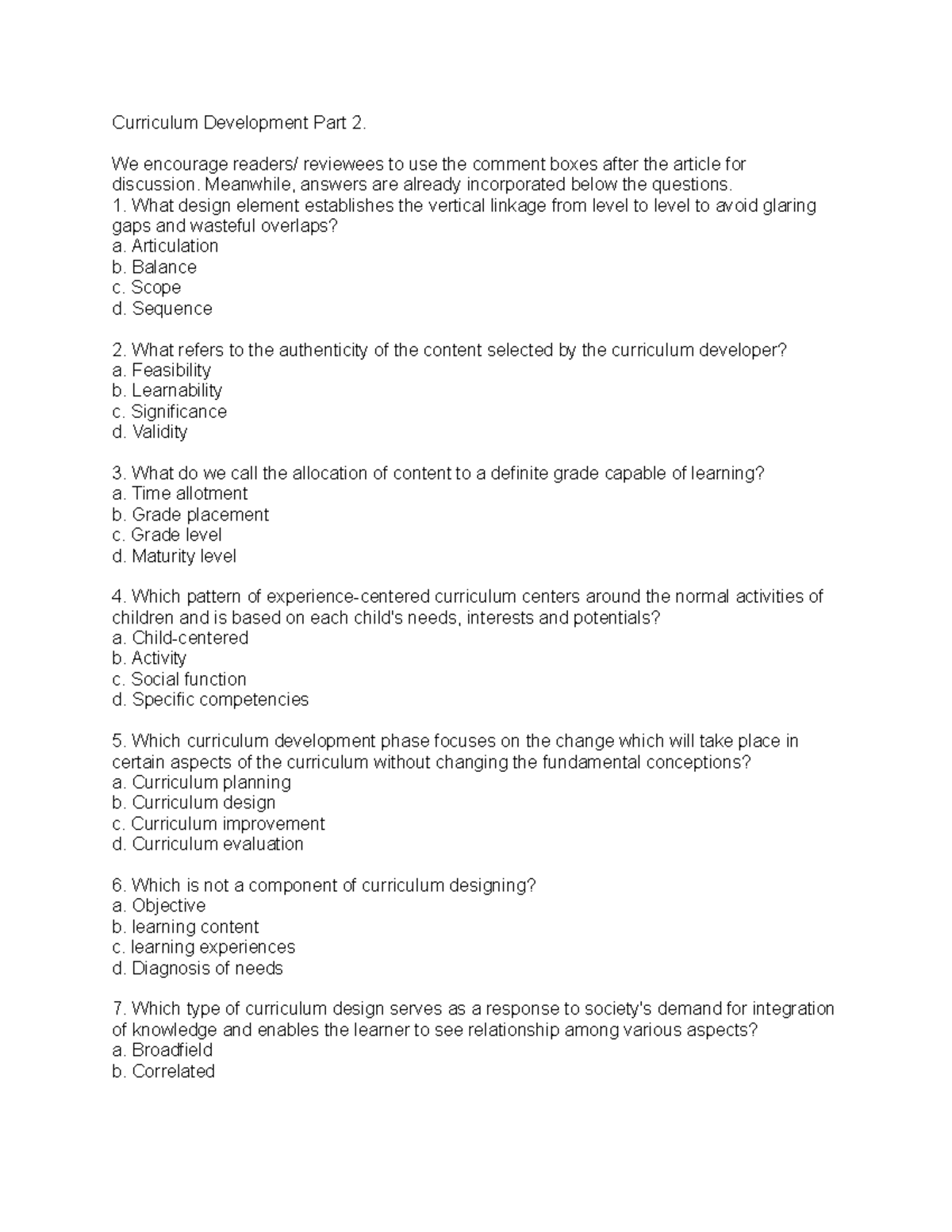 Curriculum Development Part 2 - We encourage readers/ reviewees to use ...