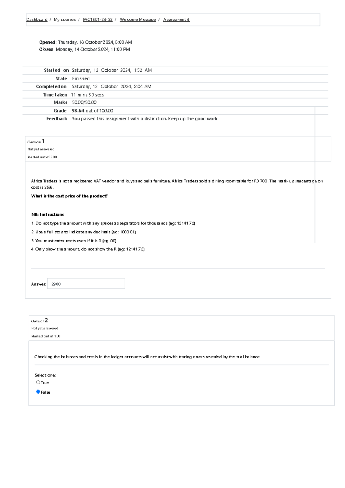 FAC1501 Assignment 4 SM 2 2024 - Question 2 Not Yet Answered Marked Out ...