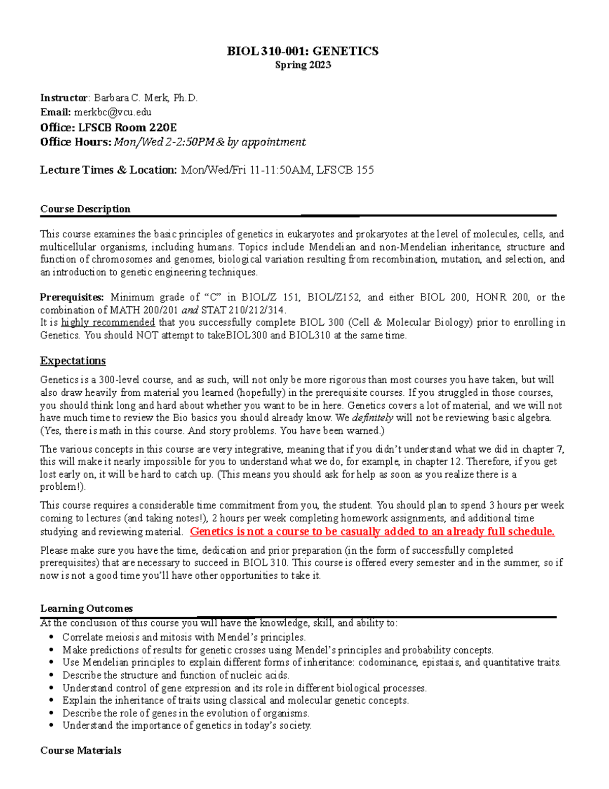 Genetics section 001 Syllabus Spring 2023-2 - BIOL 310-001: GENETICS ...