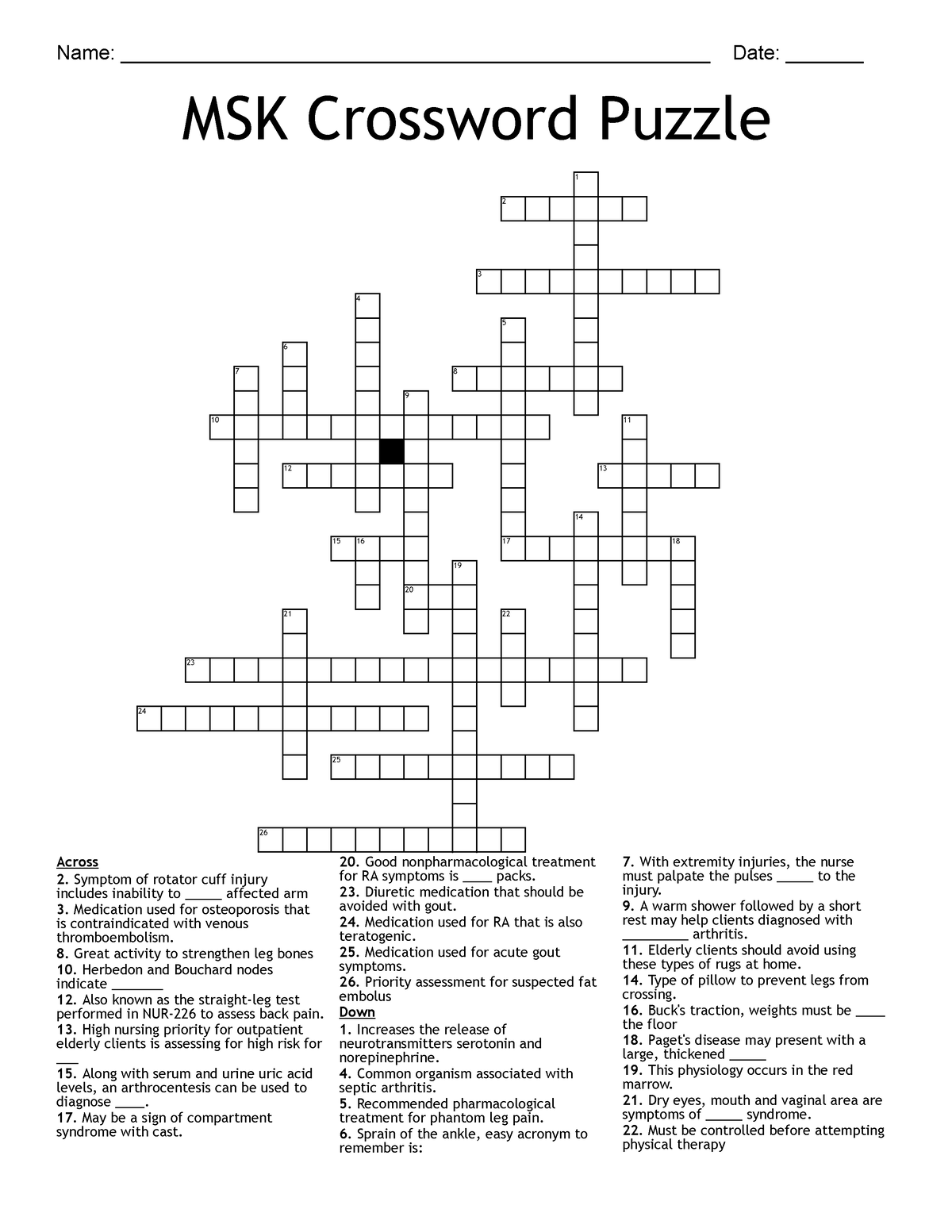 MSK Crossword Puzzle Musculoskeletal Name