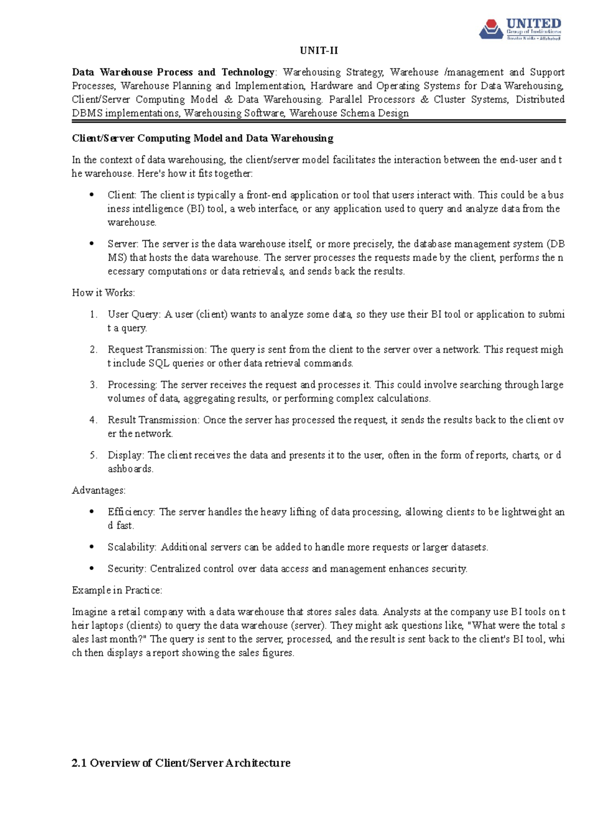 Client-Server Computing Model and Data Warehousing - UNIT-II Data ...