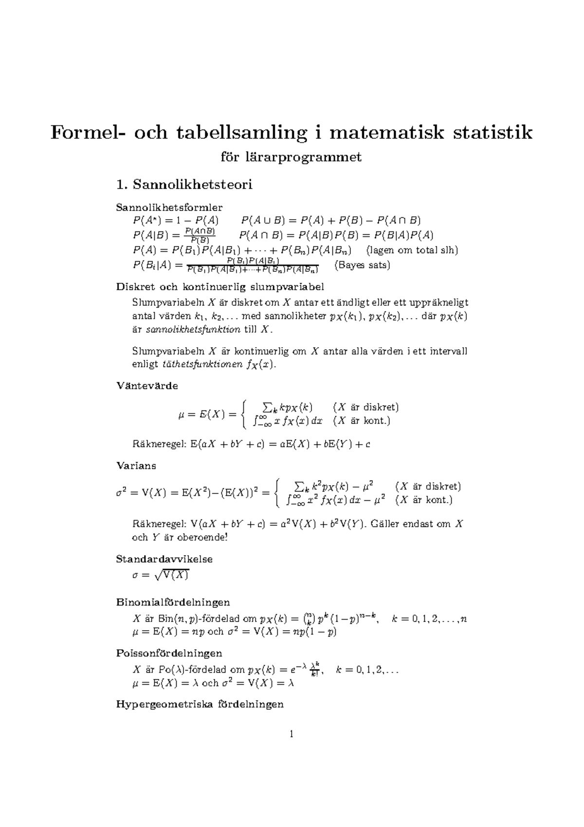 Formelsaml - Formel- Och Tabellsamling I Matematisk Statistik F ̈or L ...