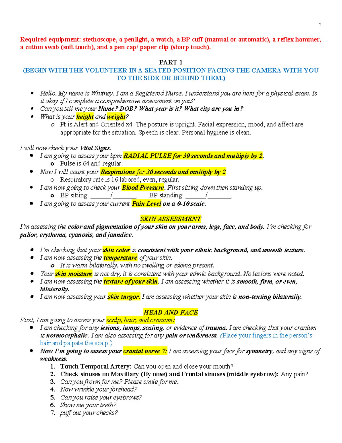 Health Assessment D222 Script - Required equipment: stethoscope, a ...