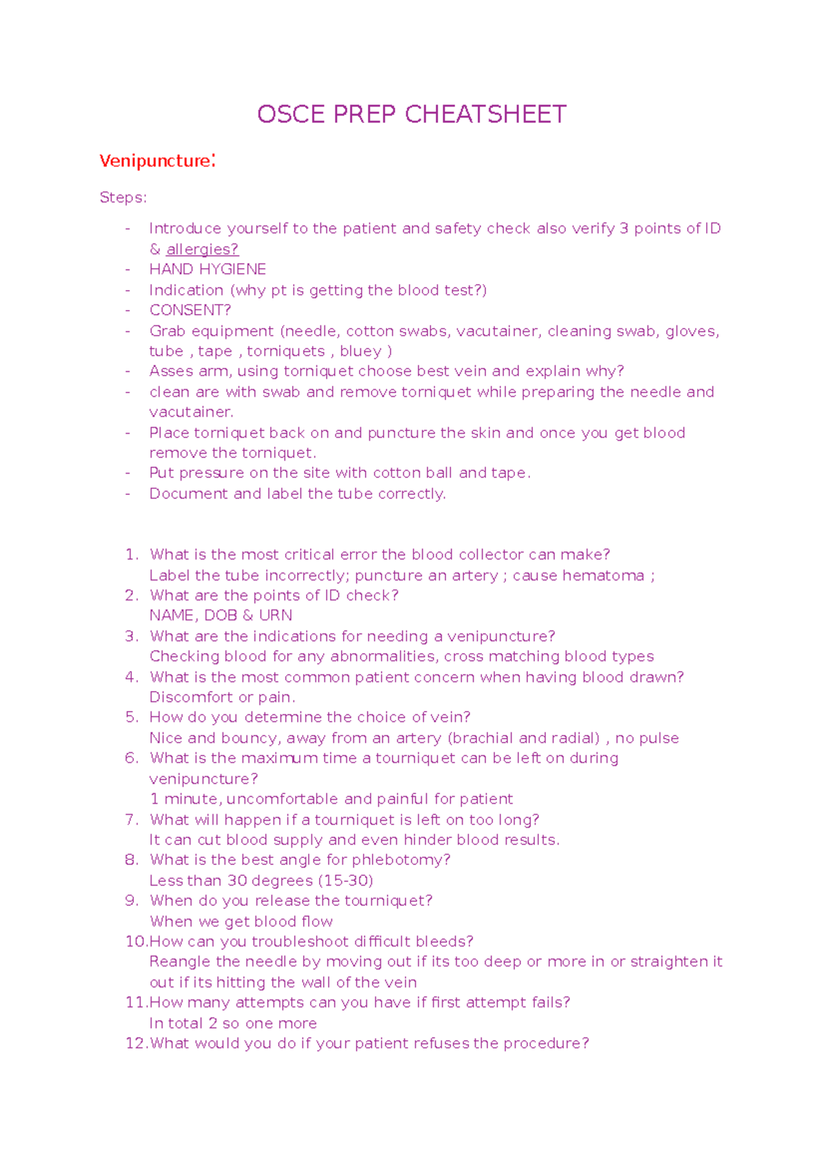 OSCE PREP Cheatsheet - OSCE prep - OSCE PREP CHEATSHEET Venipuncture ...