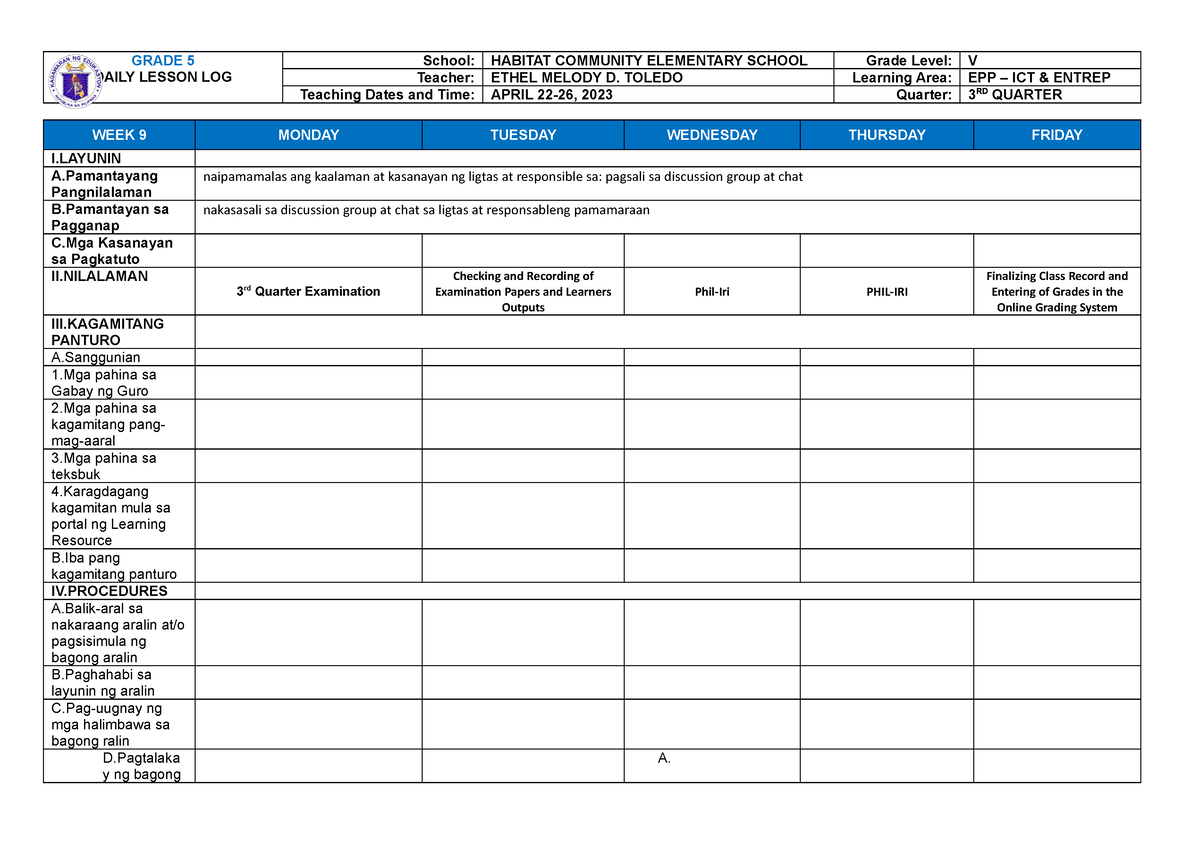 EPP 5 ICT DLL WEEK 10 Final - GRADE 5 DAILY LESSON LOG School: HABITAT ...