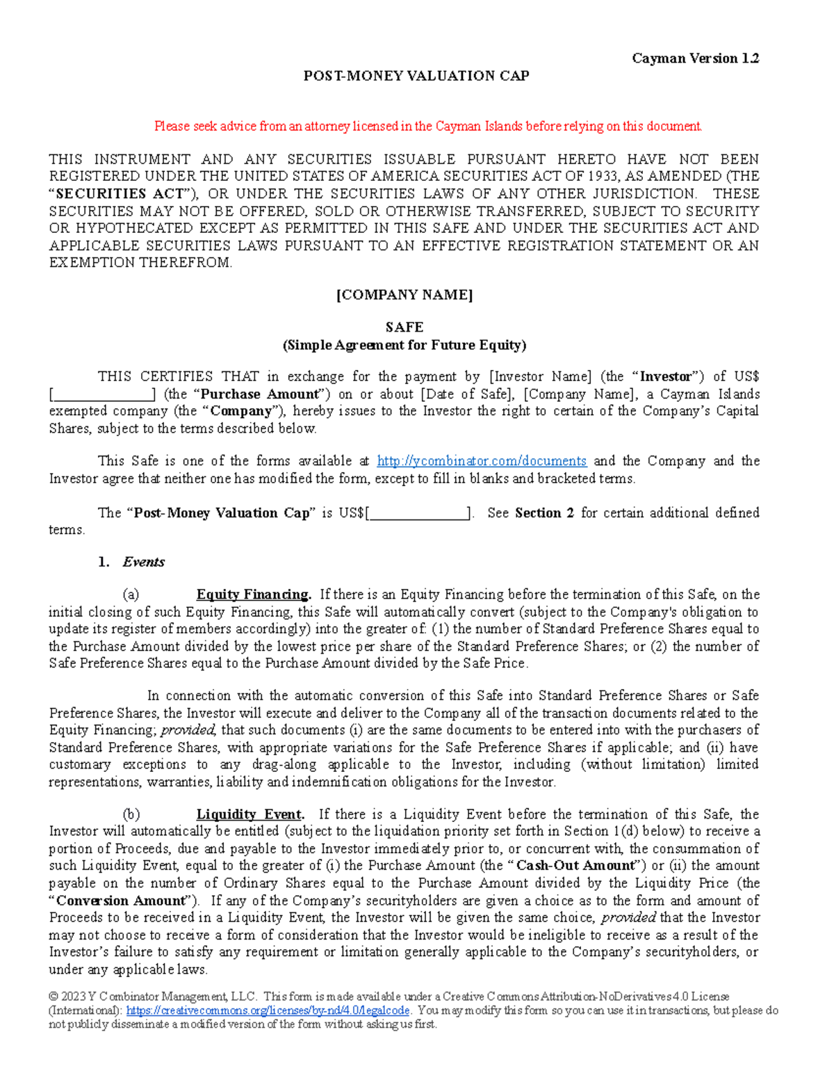 Postmoney Safe Valuation Cap Only (Cayman) Final Cayman Version 1