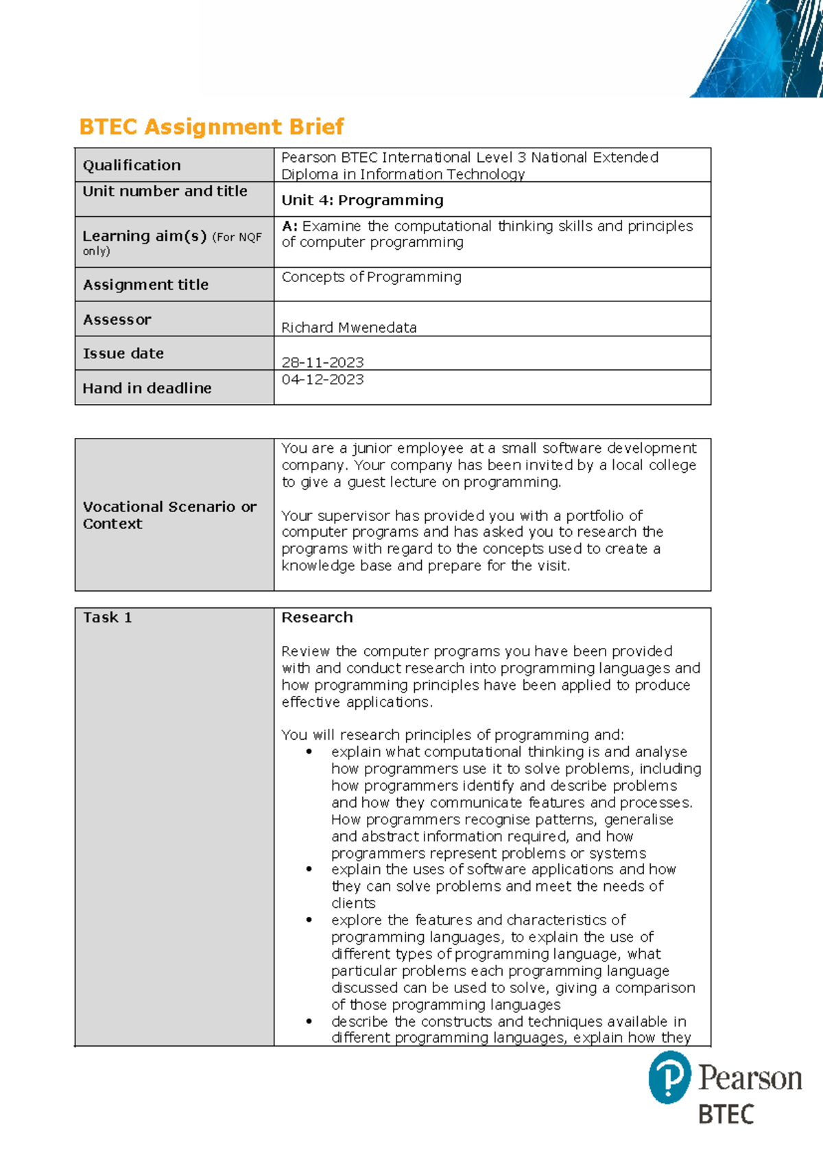 BTEC Assignment Briefrefwergfertg BTEC Assignment Brief Qualification