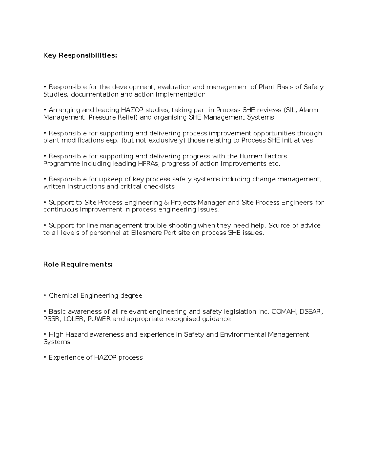 Key Responsibilities Key Responsibilities Responsible for the