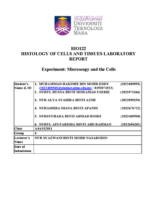 FINAL LAB Report BIO122 (EXPERIMENT 1) - BIO HISTOLOGY OF CELLS AND ...