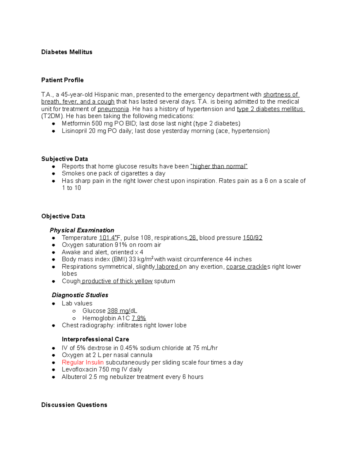 diabetes mellitus case study with answers