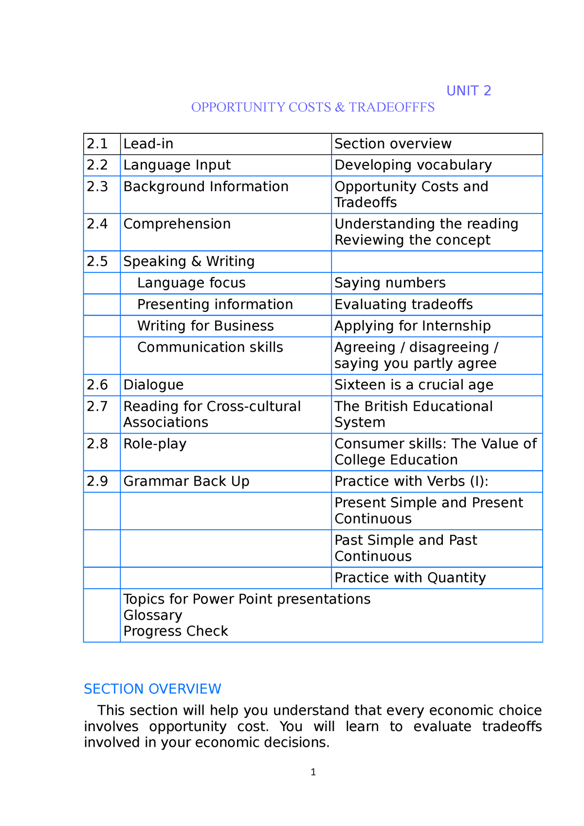 UNIT 2 - English for students of economics and business - UNIT 2  OPPORTUNITY COSTS & TRADEOFFFS - Studocu