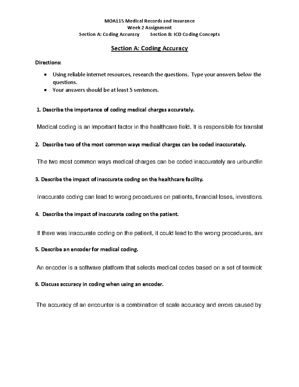 Week 2 Assignment 1 -ICD Coding - MOA115 Medical Records And Insurance ...