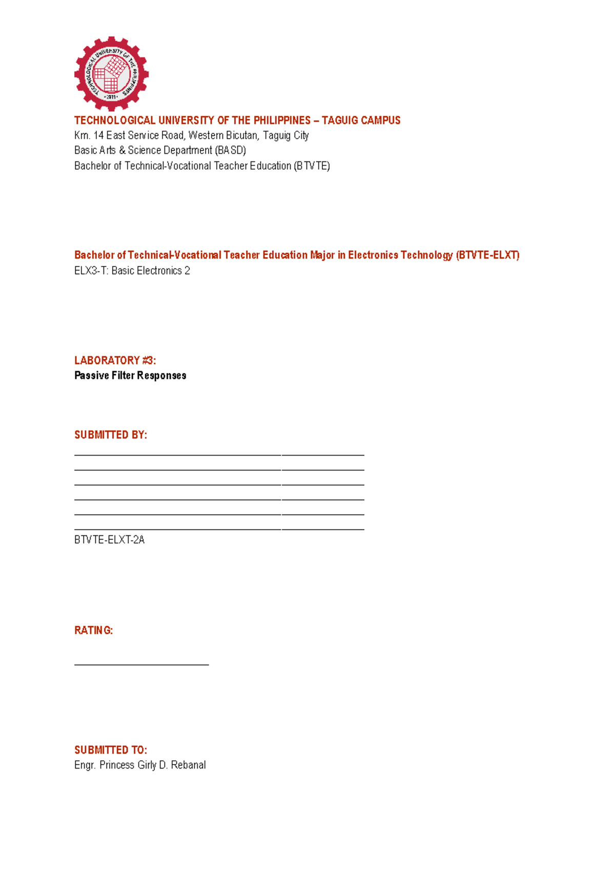  Passive Filter Responses TECHNOLOGICAL UNIVERSITY OF THE