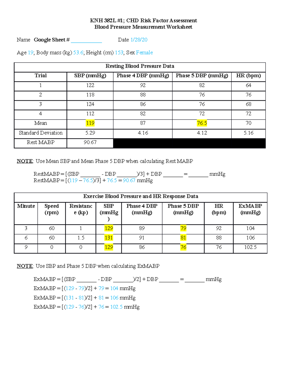 Week 1 Data Recording Form - KNH 382L #1; CHD Risk Factor Assessment ...