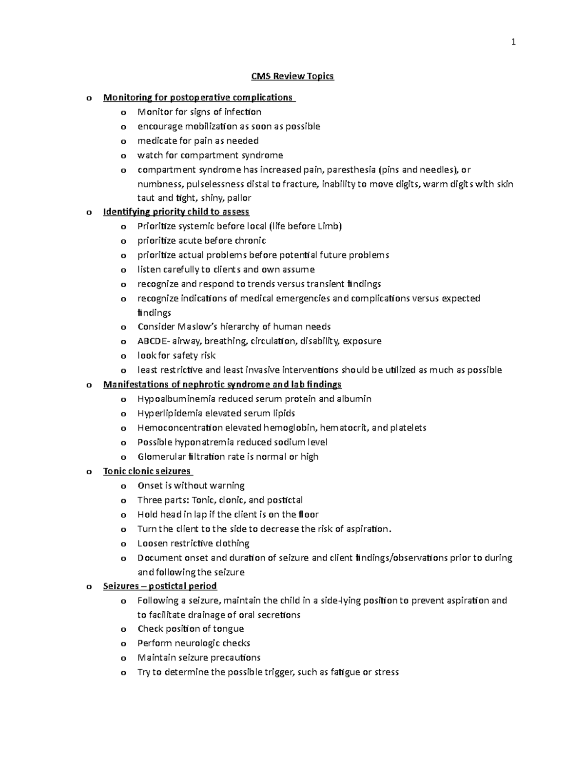 Pediatric CMS Review Notes CMS Review Topics O Monitoring For Postoperative Complications O 
