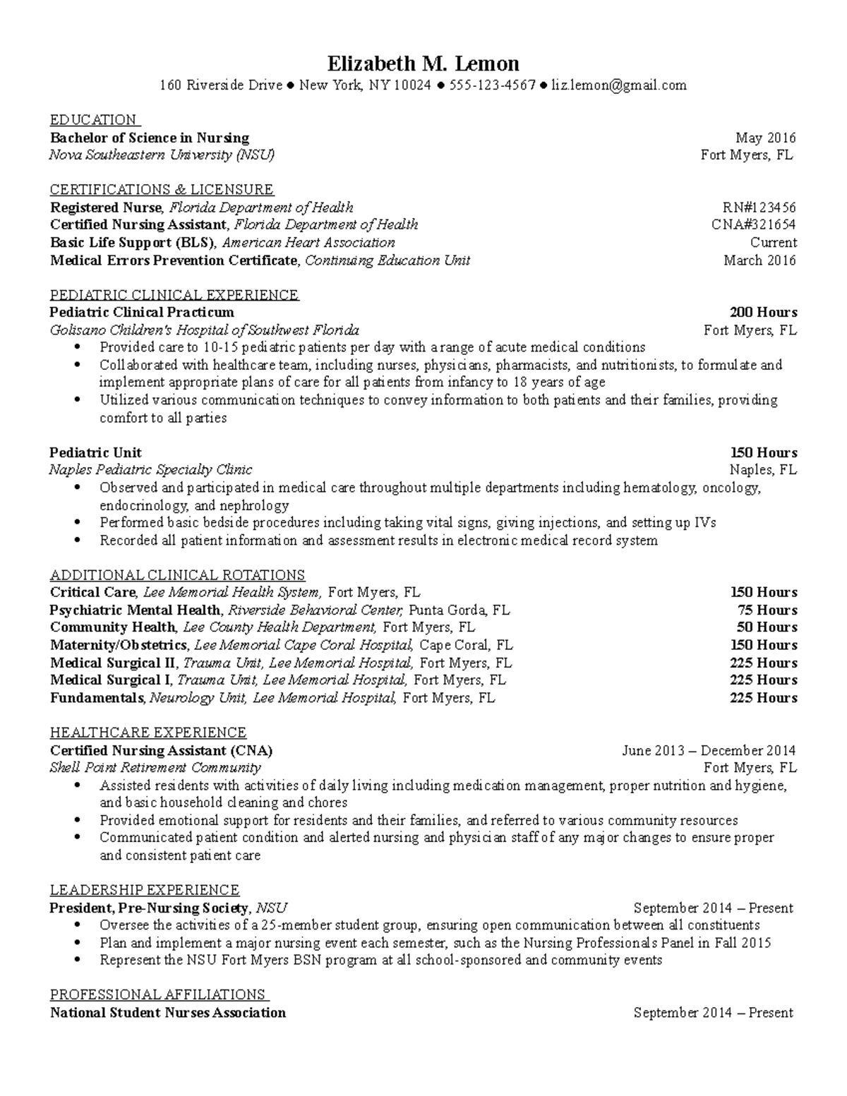 Sample Peds Nursing Resume Winter 2016 - Elizabeth M. Lemon 160 ...