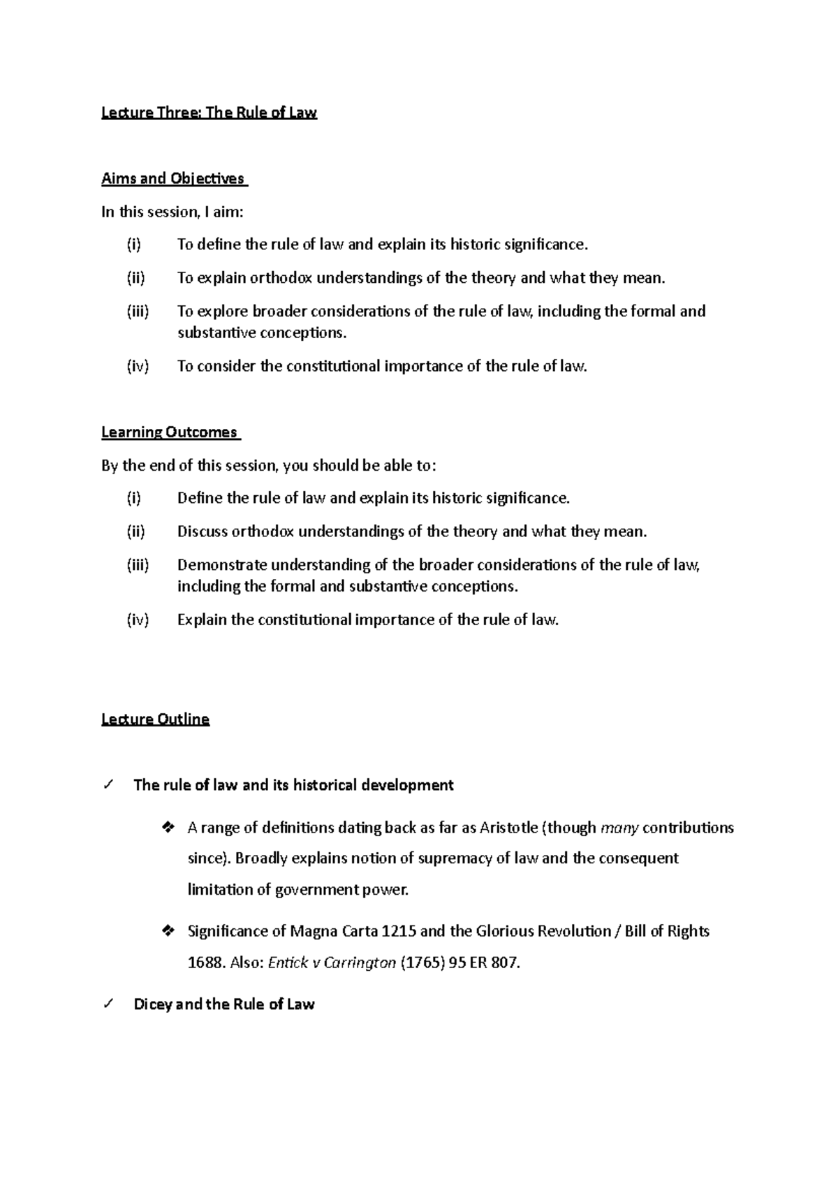 Lecture 3 - Public Law - Lecture Three: The Rule of Law Aims and ...