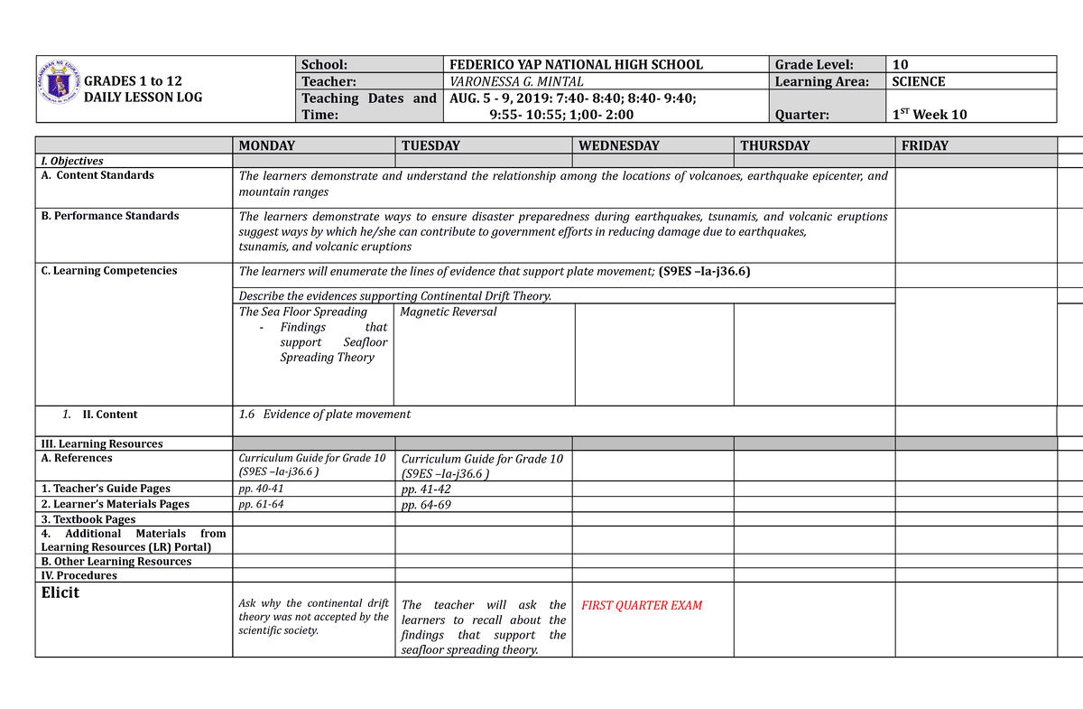 434388448 DLL Science 10 Quarter 1 Week 10 - GRADES 1 To 12 DAILY ...